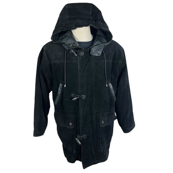 Adventure Bound Leather Jacket Men S Black Suede Hooded Toggle Plaid Lined Coat - Picture 3 of 11